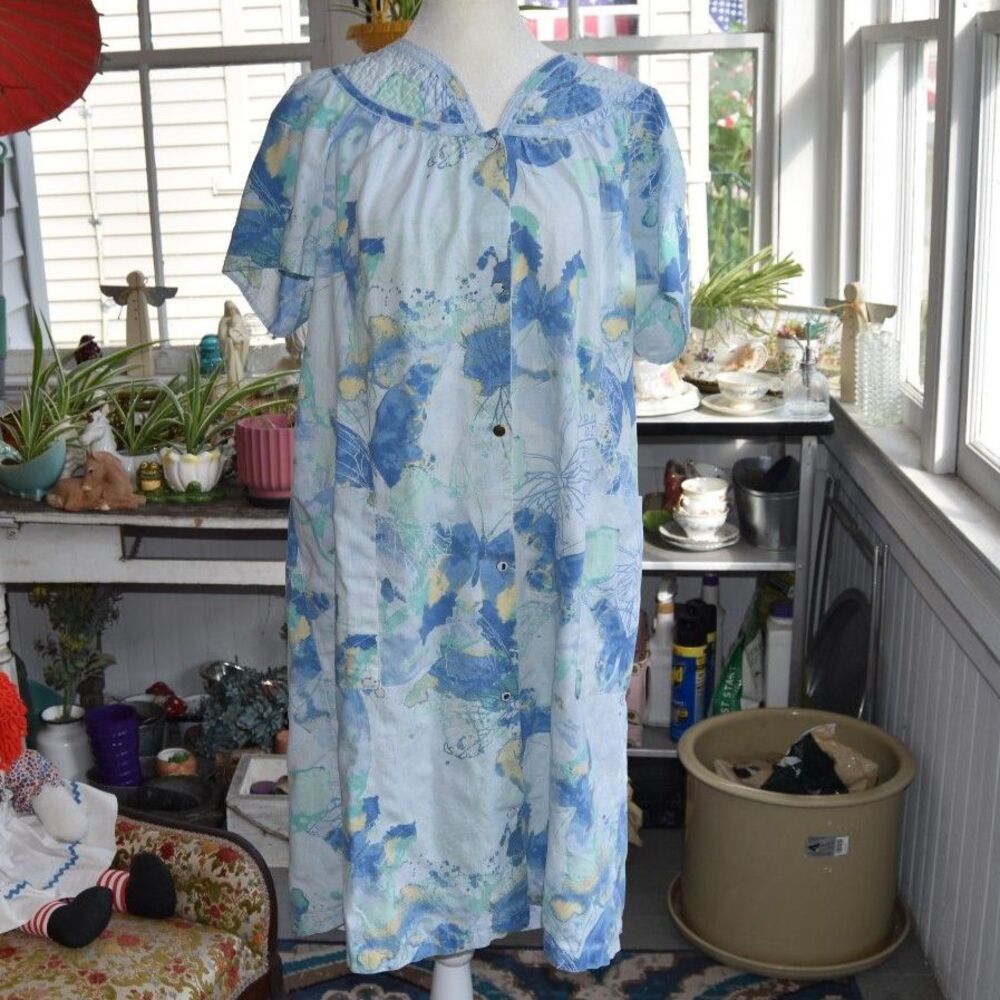 Y2K Lissome Lounge Housedress Blue Floral Butterfly Print Cotton Duster Robe Med